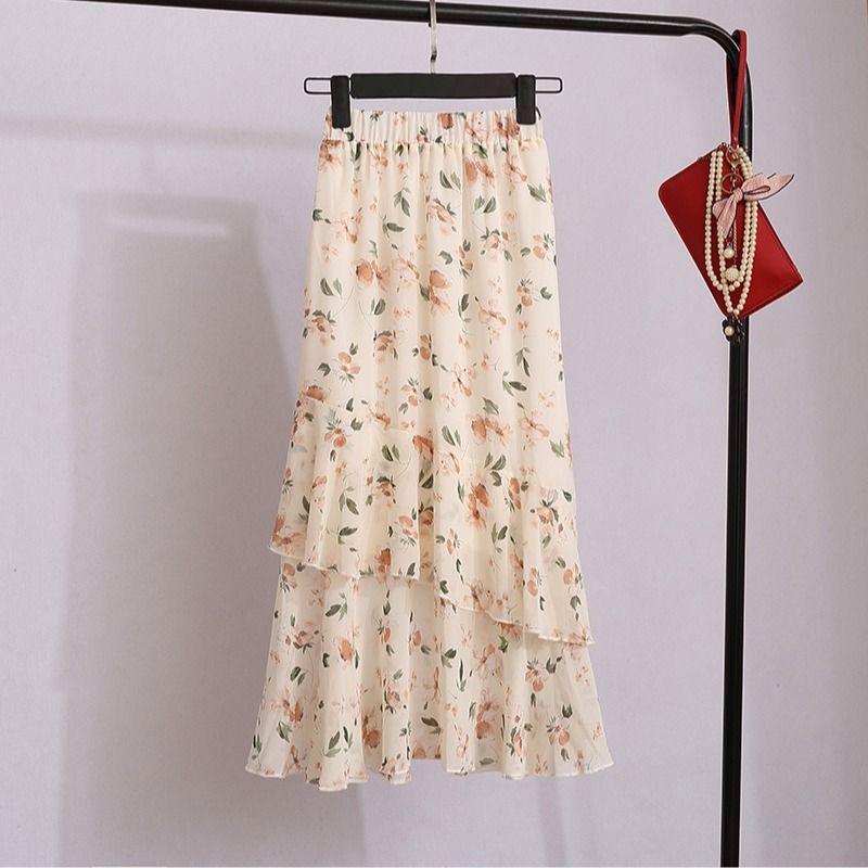 Elegant Floral Print Chiffon Skirts Women Summer A Line Pink Streetwear High Waist Ladies Midi Skirt