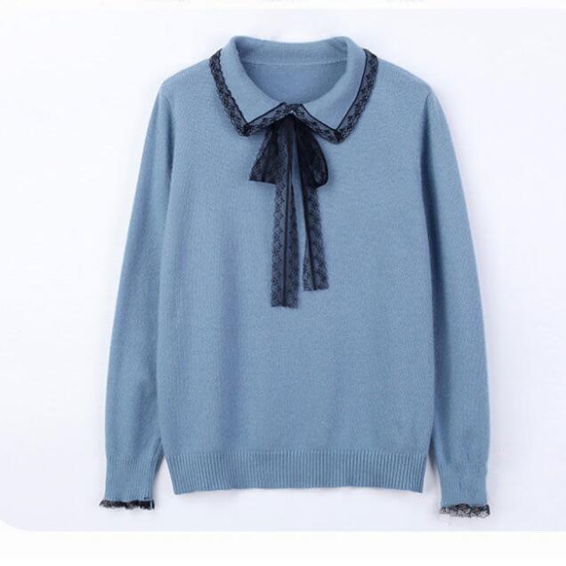 Women Sweaters Pullovers  Autumn Winter Lace Turn-down Collar Knit Sweater Fmeale Jumper Women Knitwear