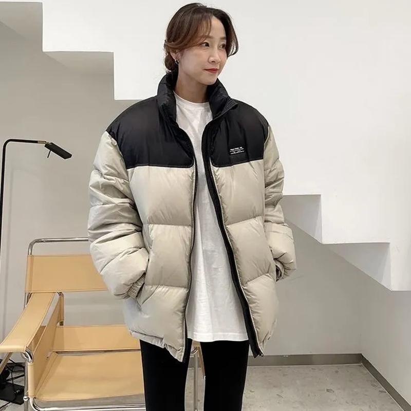 Winter Couple's Mid-length White Duck Down Thickened Coat Student Down Jacket Color Matching Korean Version Loose Cotton Coat Oversized Thick Coat