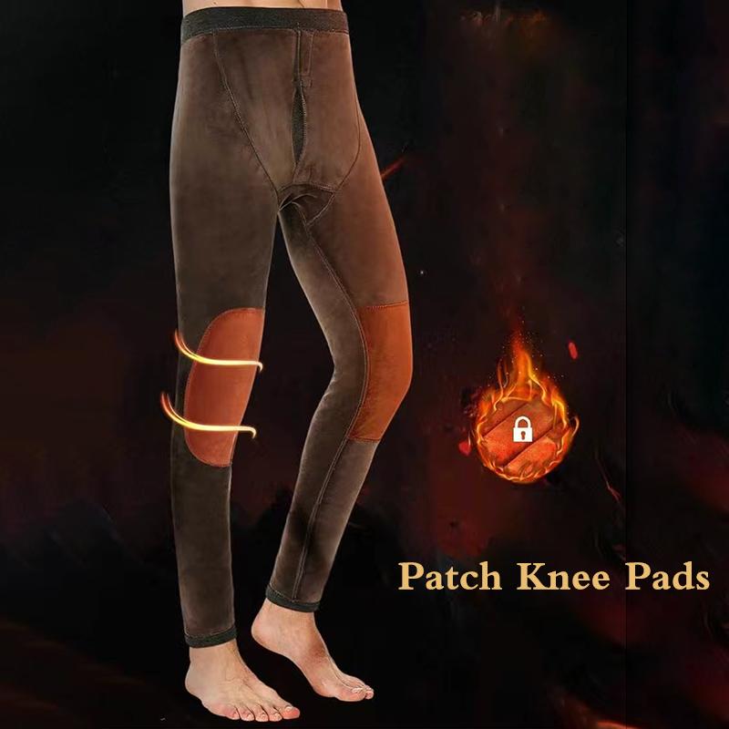 Men Winter Autumn Plus Velvet Thicken Warm Pants Tight Male High Elasticity Wearable Comfortable Soft Lining Patch Knee Pads Windproof Double Warmth