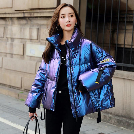 Popular Fashion Brand Blue Ladies Down Jacket Shiny Short Parker Clothing Female Student Loose Winter Jacket
