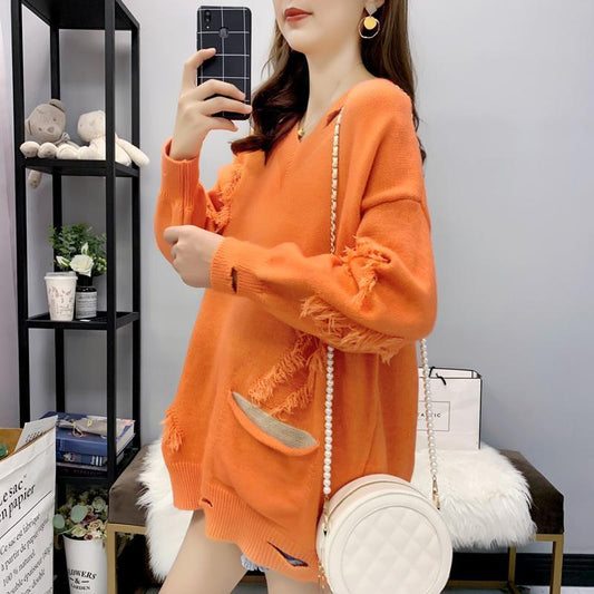 Spring and Autumn Ins Style Tassel Sweater Mid-length Loose Knit Jacket Pure Color Simple Female Top