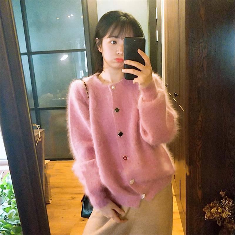 Women Faux Mink Cashmere Lazy Loose Crew Neck Sweater Knitted Cardigan Button Coat