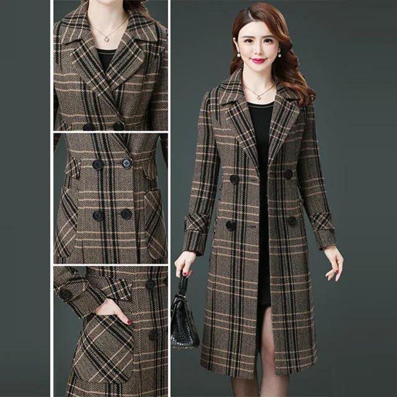 Woolen Coat Women's Mid-length Autumn and Winter Long Over-the-knee Thickened Warm Houndstooth Plaid Woolen Coat