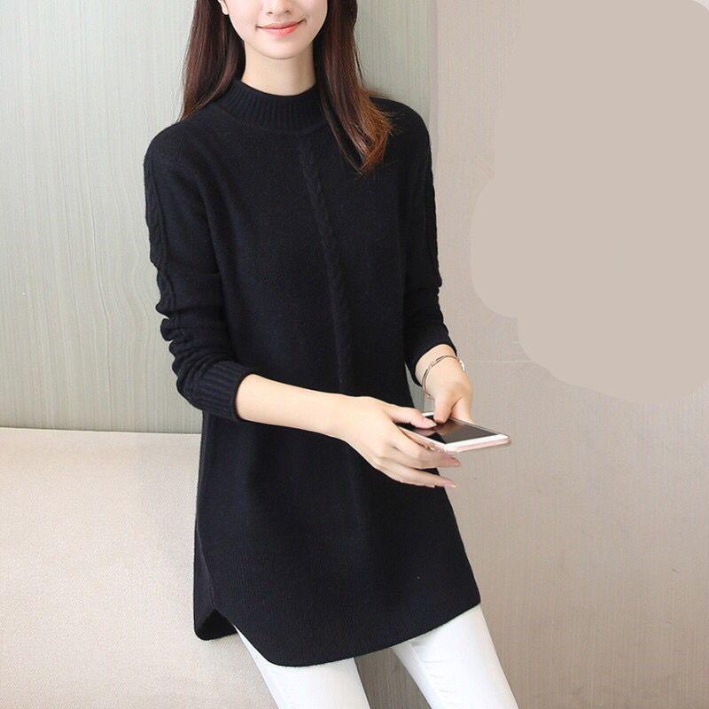 Pofulove large size loose-knit base dress Sweater women's mid-length half-high collar thickened