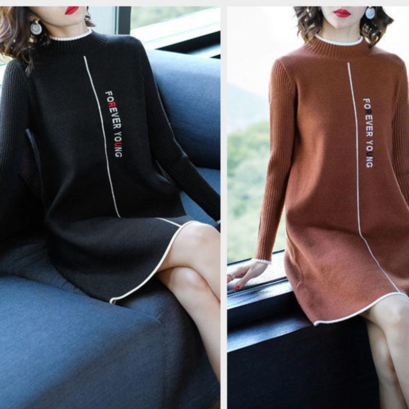 Thicken Turtleneck Sweater Dress Women's Fall/Winter Large Size Loose Letter Printed Pullover Sweater Knit Dress