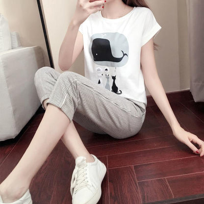 Suit Women Summer Wild Loose Short-sleeved T-shirt + Seven-point Casual Pants Two-piece Casual Suit Women's Home Service Sports Suit