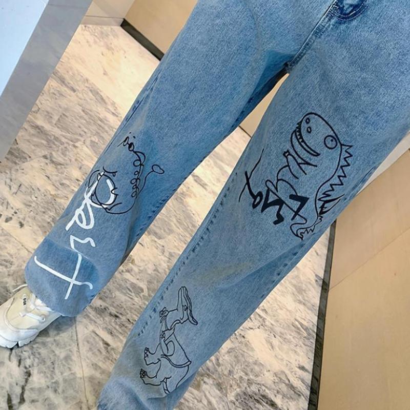 Straight-leg Jeans Female Cartoon Graffiti Drooping Trousers Spring and Autumn Large Size High Waist Loose and Thin Old Wide Leg Pants