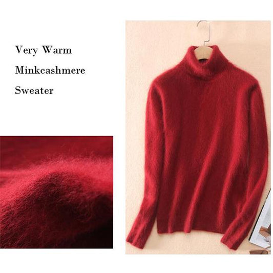 Pofulove Women Silmulated Mink Cashmere Base Sweater Turtleneck Knitting Casual Pullover Top Jumpers
