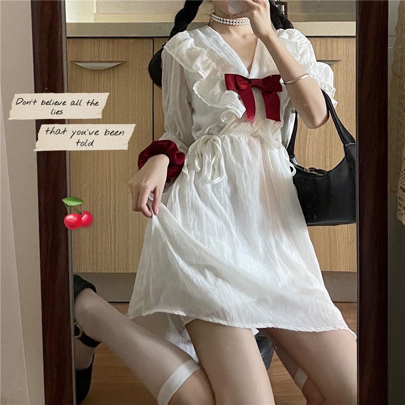 Women's Summer Dress Short Sleeve Sweet and Cute Bow Dress Summer Student White Chiffon Skirt Daily Wear Office Dating Party
