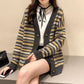 Autumn and Winter Retro Striped Knitted Sweater Loose Cardigan Large Size Blouse Elegant Jacquard Young and Middle-aged Ladies Jacket