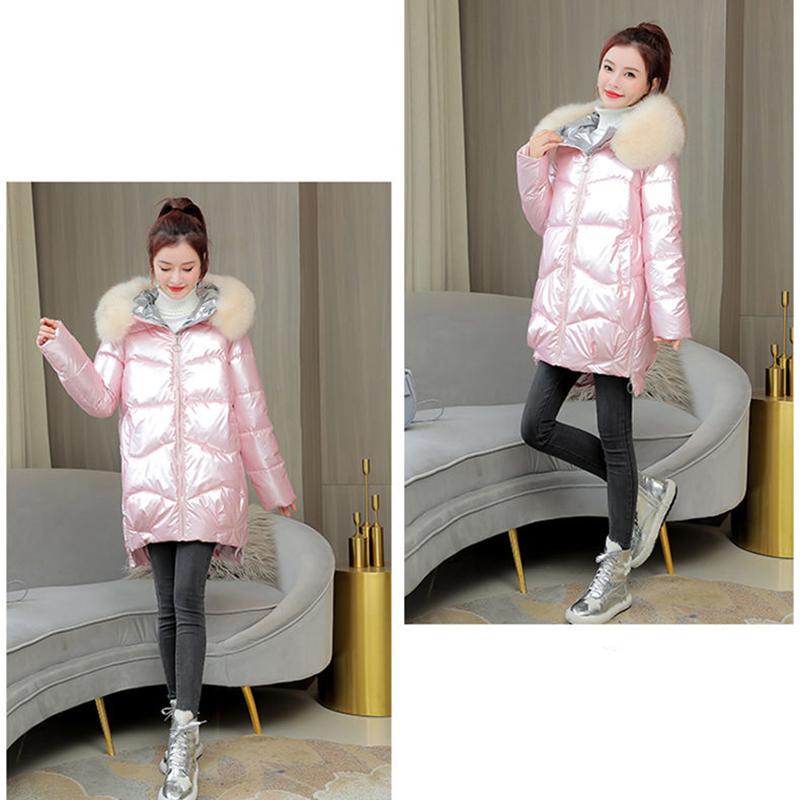 Women's Bright Face Hooded Down Jacket Mid-length Korean Loose Thick Coat Warm Cotton Coat Large Wool Collar Winter Quilted Coat