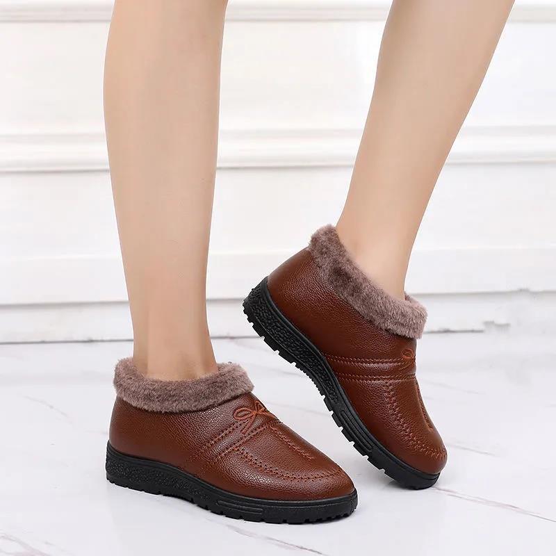 Winter Plus Velvet Warm Cotton Shoes Women's PU Waterproof Non-slip Mother Shoes Comfortable and Lightweight Flat Low-heel Snow Shoes