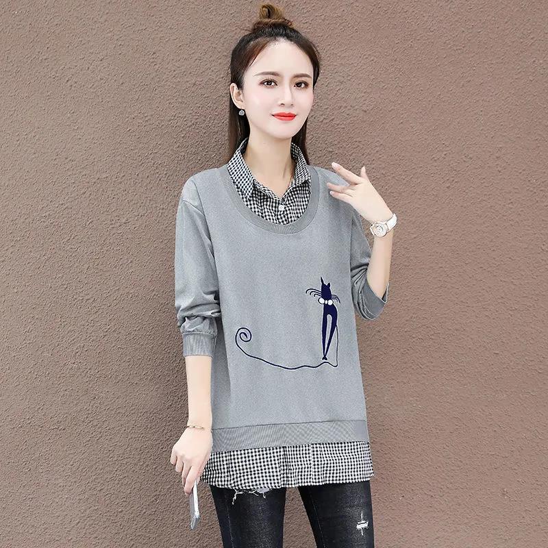 Women's Faux Two-piece Stitched Sweater Spring and Autumn Thin Long Sleeve Tops Solid Color Printed Loose Coats