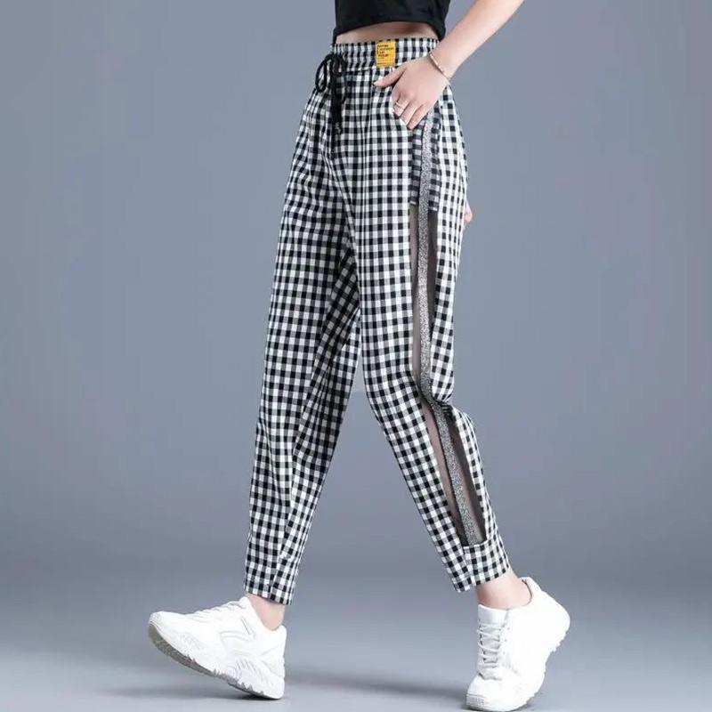 Plaid Pants Girls Mesh Casual Pants Ice Silk Pants Women Summer Thin Section Nine-point Harem Pants