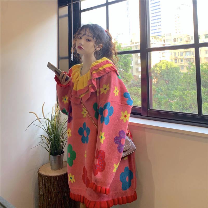 Mid-length Ruffles O-neck Sweater Sweet Knitted Loose Flower Chic Girly Pullover Dress