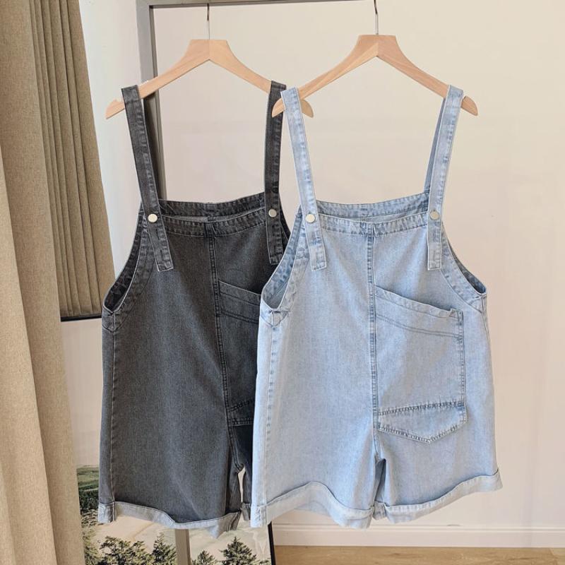 Wide-leg Denim Overalls on Both Sides Summer Female Students Loose Age-reducing Big Pocket Sling Jumpsuit Shorts Tide