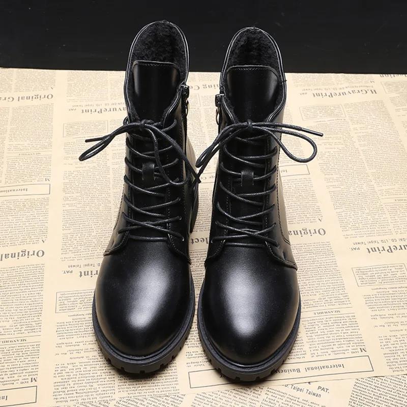 Autumn and Winter Soft Leather Lace-up Zipper Thick Heel Martin Boots Women Mid-high Heel Korean Warm and Comfortable All-match Cotton Boots