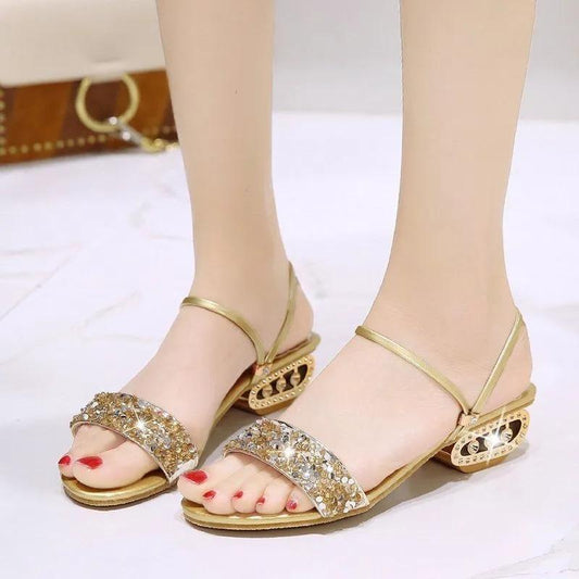 Women's Summer All-match Thick Heel Flat Rhinestone Sandals Dual-use Slippers Non-slip Wear-resistant Sandals Simple Casual Beach Shoes