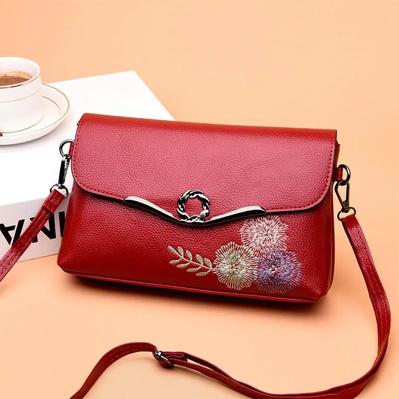 Female Crossbody Bags Women Shoulder Messenger Bags Casual Portable PU Leather Multi-Layere Embroidered