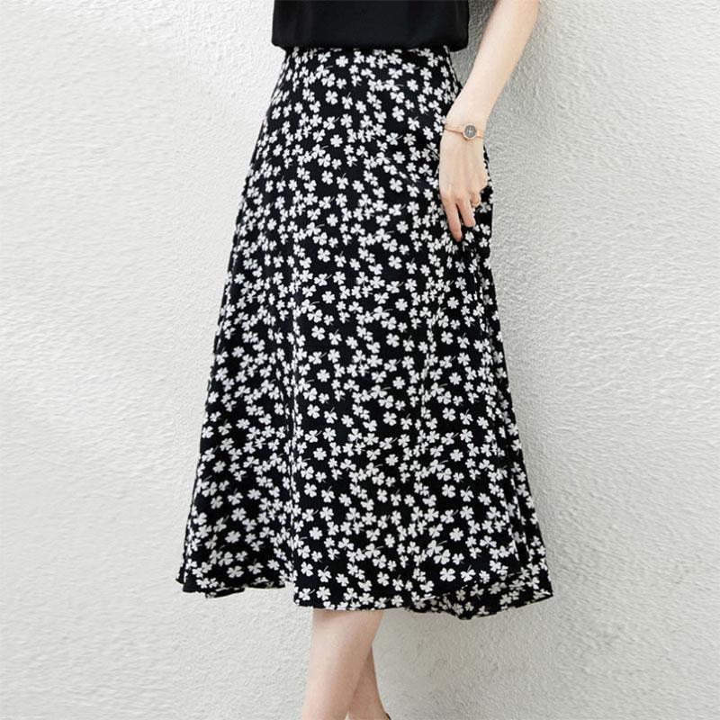 Floral Skirt Women's A-line Skirt Is Thin High Waist Chiffon Printed Midi Skirt Small Daisy Flower Skirt
