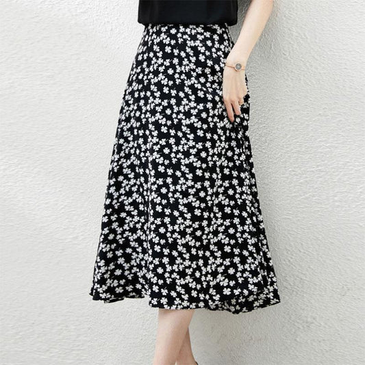 Floral Skirt Women's A-line Skirt Is Thin High Waist Chiffon Printed Midi Skirt Small Daisy Flower Skirt