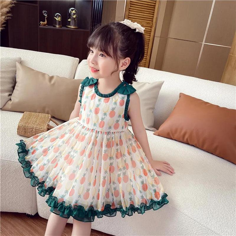 Girls Princess Dress Summer Dress Children Sweet Mesh Puffy Dress Girl Dress Skirt Cute Loli Skirt Sleeveless Round Neck Chiffon Dress