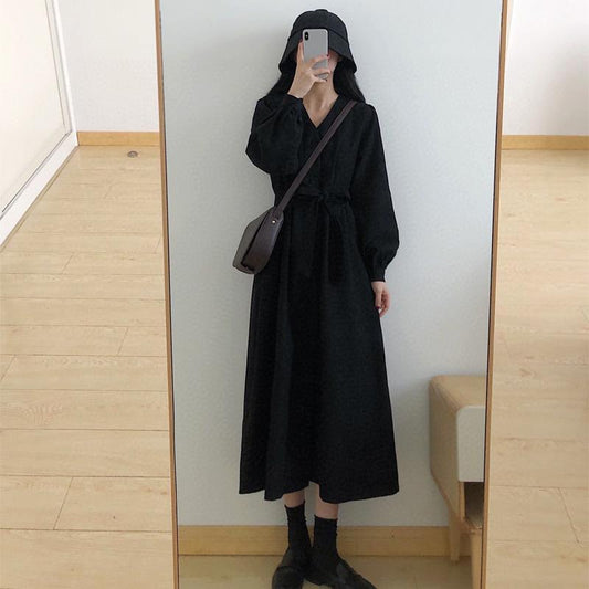 Black Corduroy Dress Female Autumn Winter Retro Long-sleeved Long Section Knee-length Temperament V-neck Black Dress