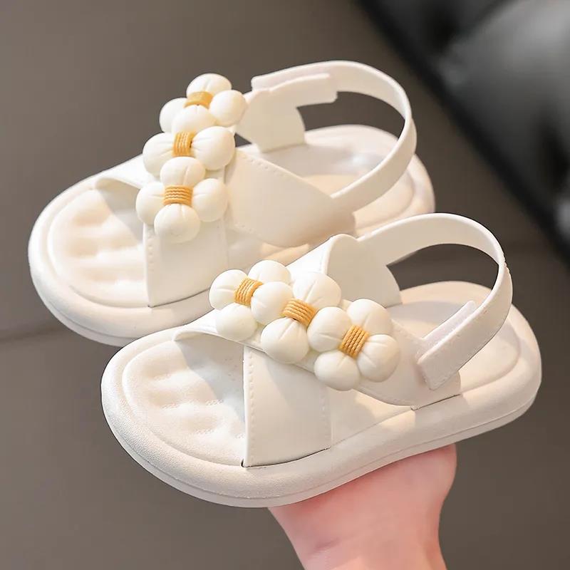 Children's Sandals Summer Girl's Princess Non-slip Soft Sole Beach Sandals Kid's Large Size Solid Color Flowers Sandals