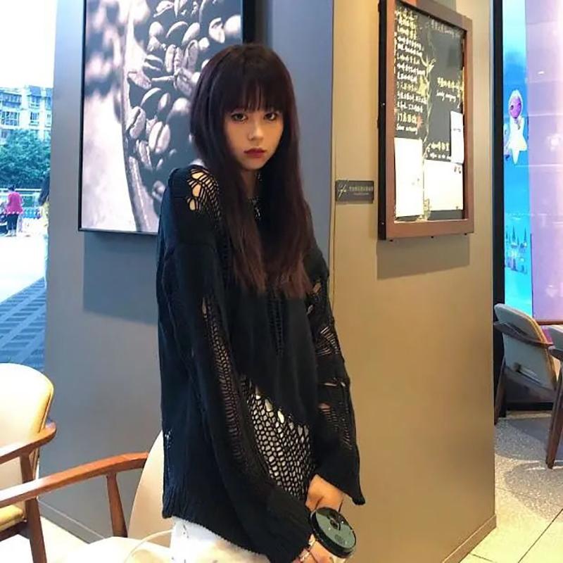 Sweater Women Gothic Punk Hole Oversized Streetwear Harajuku Sweaters Hollow Out Knitwear Jumper Pullover Trending Sweater