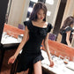 Female Summer Elegant Black Slim Dress One Line Shoulder Bag Hip Short Graceful Club Party Dress