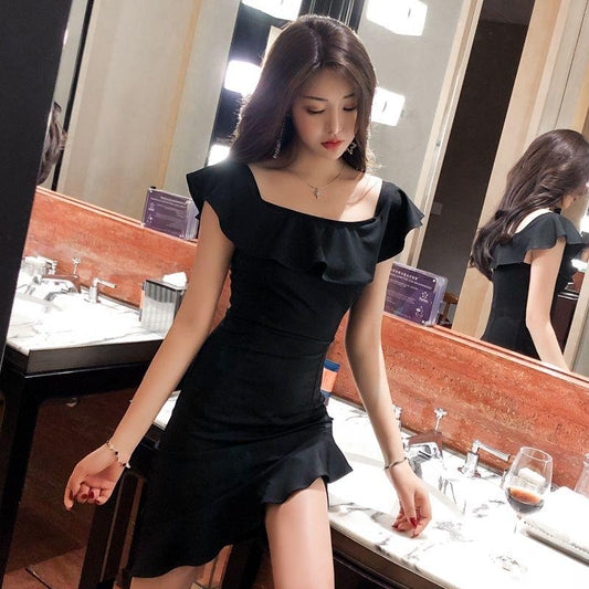 Female Summer Elegant Black Slim Dress One Line Shoulder Bag Hip Short Graceful Club Party Dress