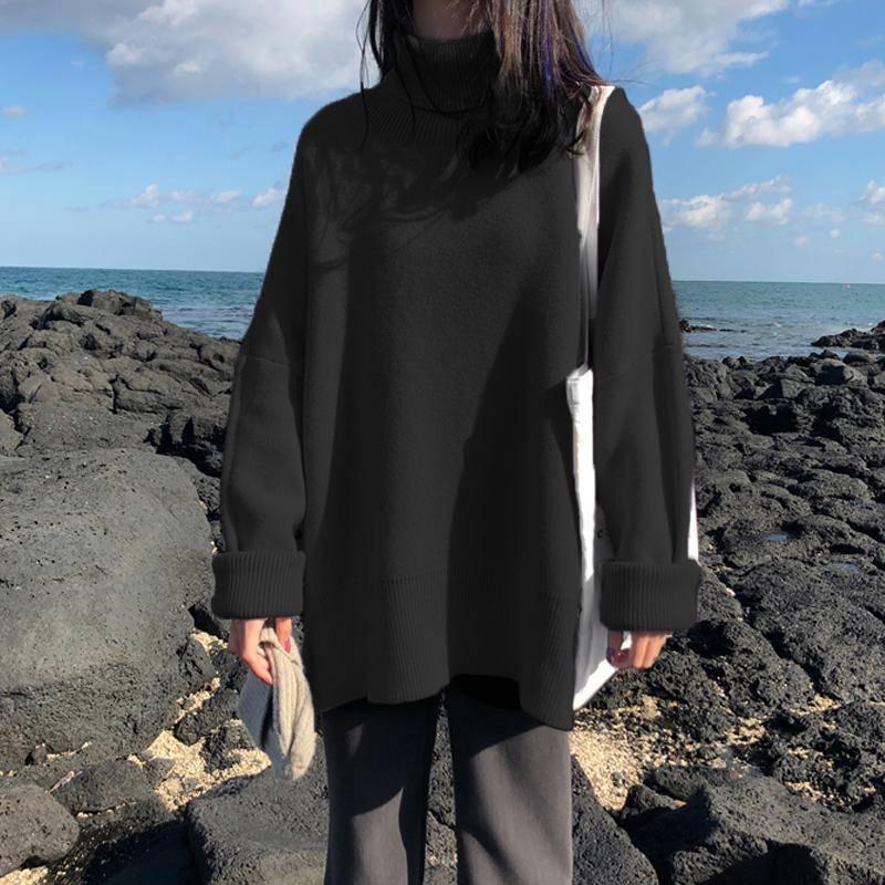 Pofulove Black Turtleneck Women's Loose Winter Pullover Bottoming Shirt Autumn Thick Wearing