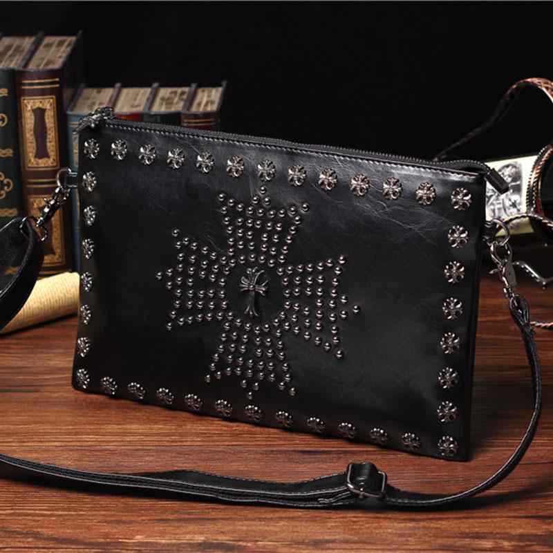 Fashion Business Briefcase Men Leather Black Rivet Zipper Stereotypes Handbag Computer Bag
