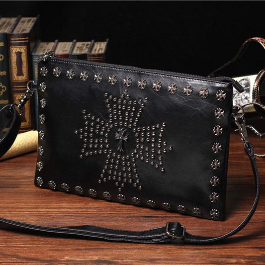 Fashion Business Briefcase Men Leather Black Rivet Zipper Stereotypes Handbag Computer Bag