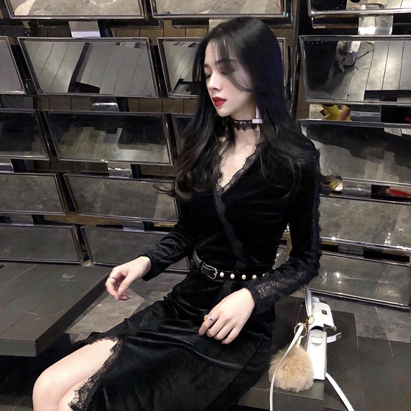 Mid-length dress wild black dress female spring and autumn sexy lace skirt plus size Slim V-neck