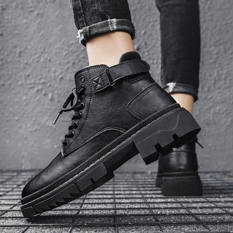 Men's Non-slip Autumn and Winter Martin Boots Net Red Ins Tooling Boots Korean Version of The British Style Black Boots Microfiber Leather Shoes