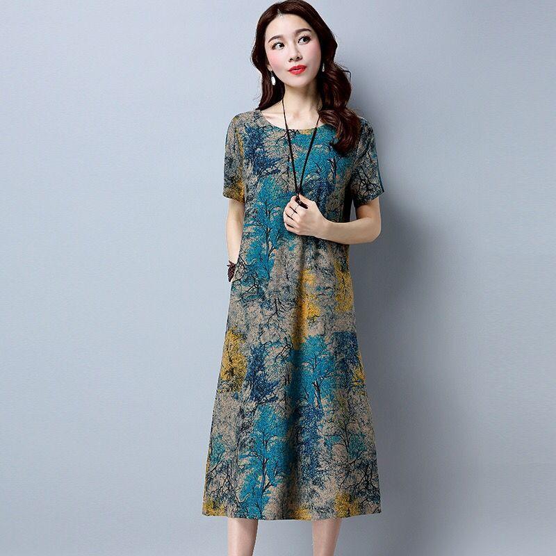 Round Neck Plus Size Loose Print Dress Short Sleeve Plus Size Women's Long Ethnic Style Long Sleeve Dress Loose Casualb