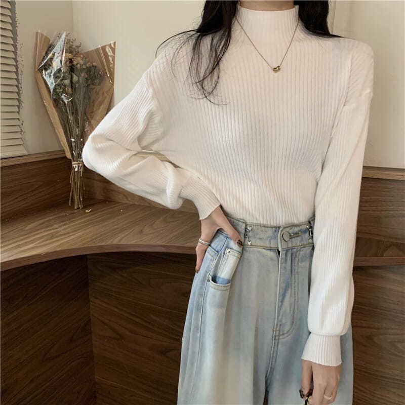 Winter Sweater Women Turtleneck Lantern Sleeve Solid Pullover Sweaters White Black Fall Fashion Knitted Tops Girl Jumpers