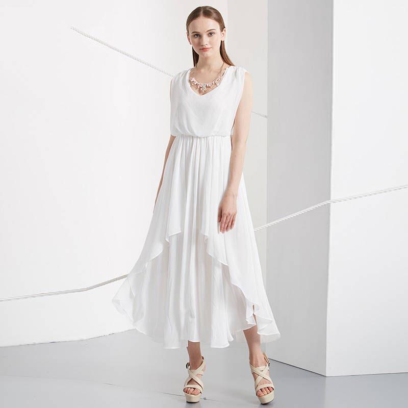 Pofulove Summer Chiffon Dress Sleeveless V-neck Irregular Pleated Ruffled Dress Long party Dress