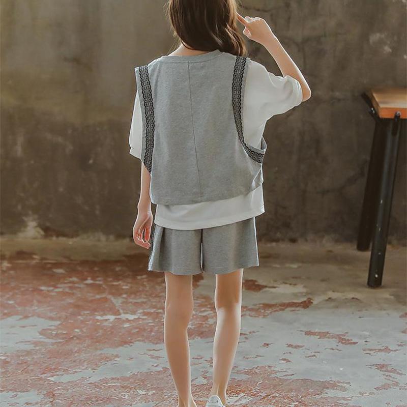 Girls' Casual Sports Suits, Summer Clothes, Big Children's Fashion, Net Red, Western Style, Loose Cotton Three Pieces
