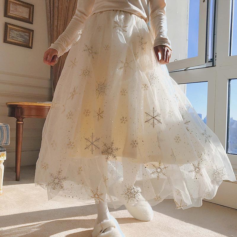 Women's Snowflake Embroidered Mesh Skirt Lace Printing Elastic Waist Princess Tutu A-line Skirt Mid-length High-waist Fairy Skirt