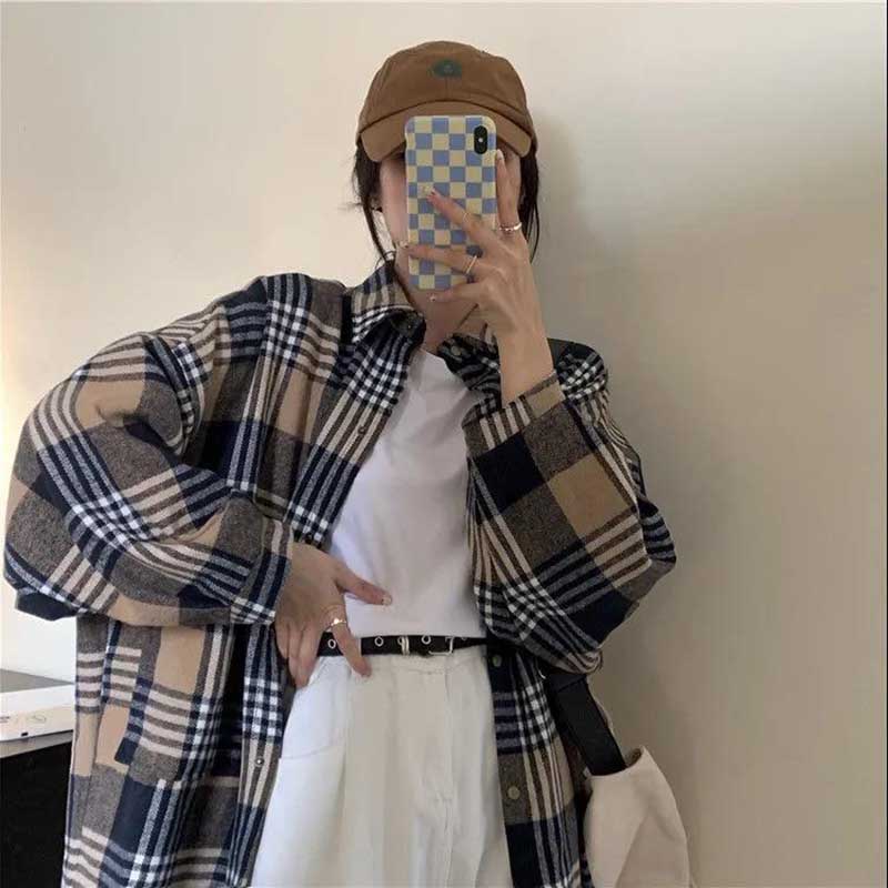 Layered Plaid Shirt Women's Spring and Autumn Retro Loose and Lazy Style Shirt Coat