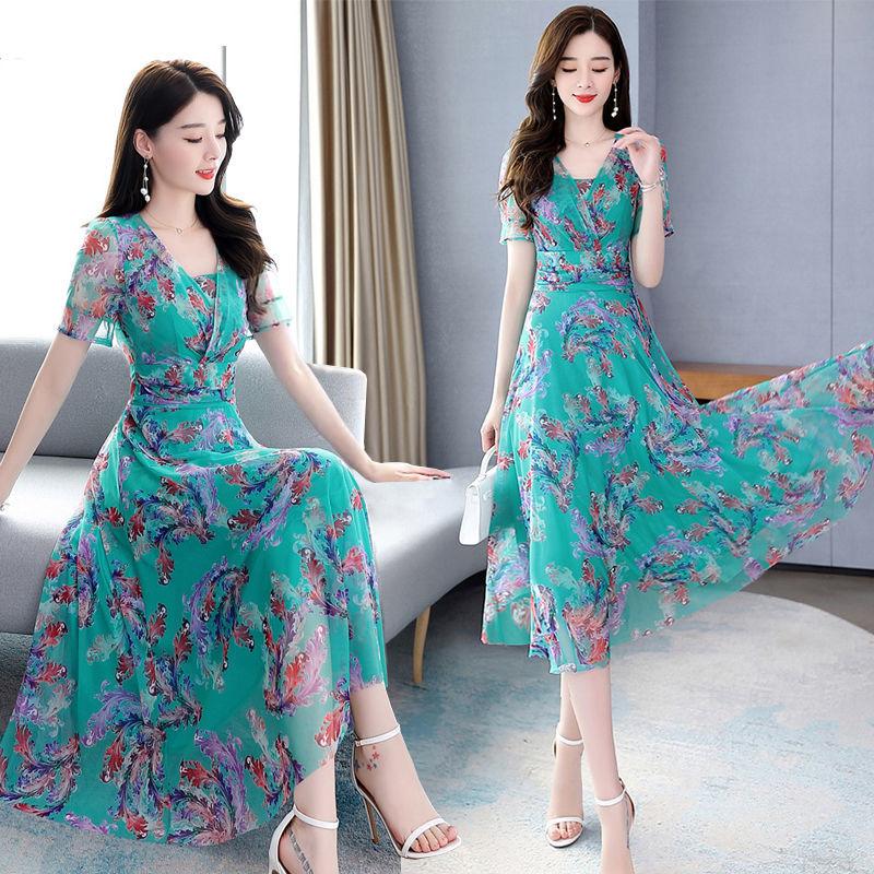 High-end Large Size Dress Ice Silk Fairy Skirt Sweet Floral Temperament Chiffon Summer Dress Waist Thin Fabric Light and Breathable