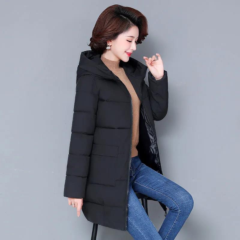 Winter Down Jacket Fashion Solid Color Hooded Parka Coat Thick and Warm Mid-length Down Cotton Jacket for Women