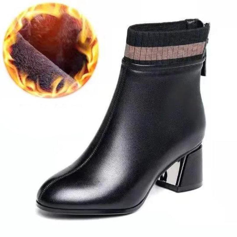 Women's Winter Plush Velvet Warm Soft Leather Thick Heel Short Boots Short Mid-heel British Style Martin Boots