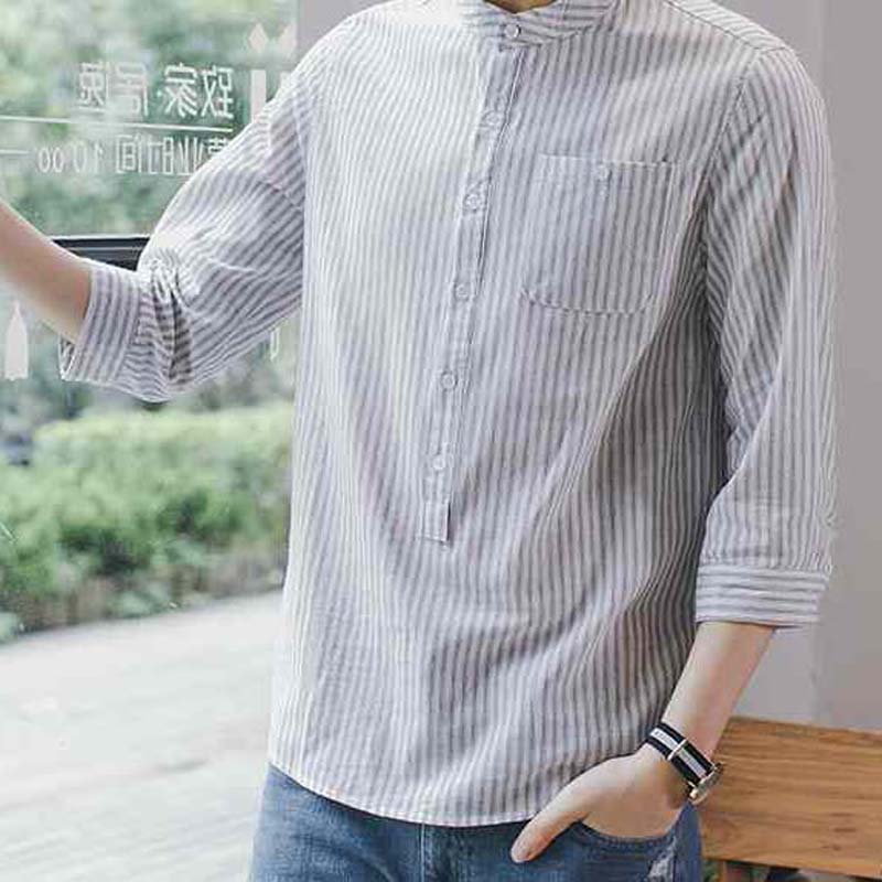 Summer Men's Shirt 7-quarter Sleeves Stand Collar Striped Shirt All-match Casual Short-sleeved Shirt