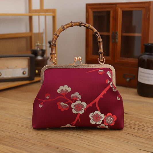 Ethnic Style Women Silk Flowers Printing Handbag Messenger Dual Purpose Exquisite Elegant Doctor Bag