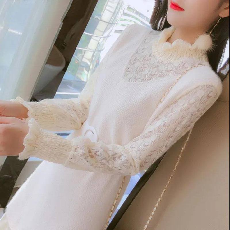 Autumn and Winter Korean Women's Long-sleeved Knitted Lace Dress Mid-length Loose and Thin Base Dress