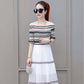 Pofulove S-2XL Women Vintage Off-shoulder A-line Dress Slim Single-neck Mid-length Dress Beach Dress